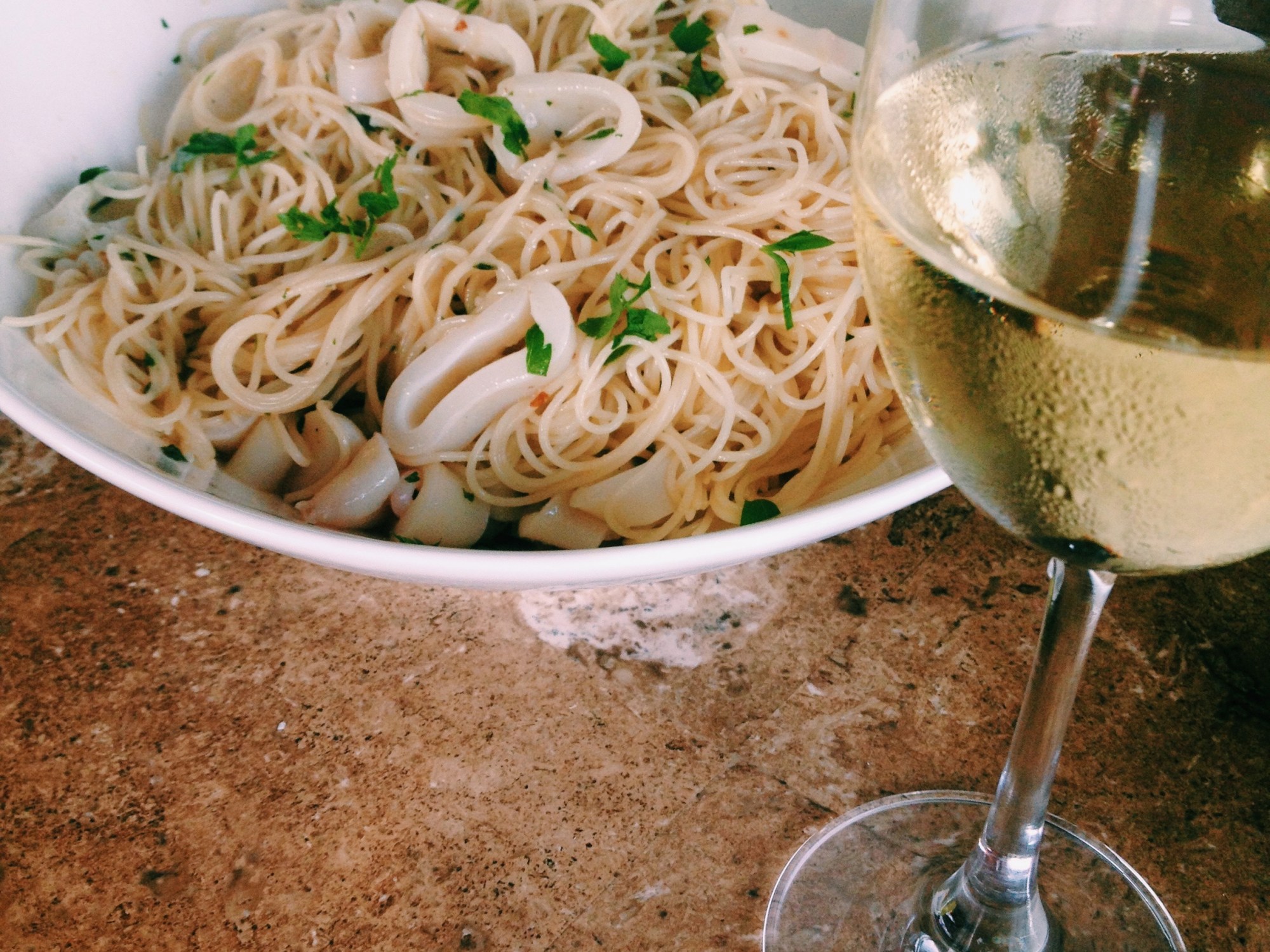 Chilled Chardonnay Braised Calamari Pasta