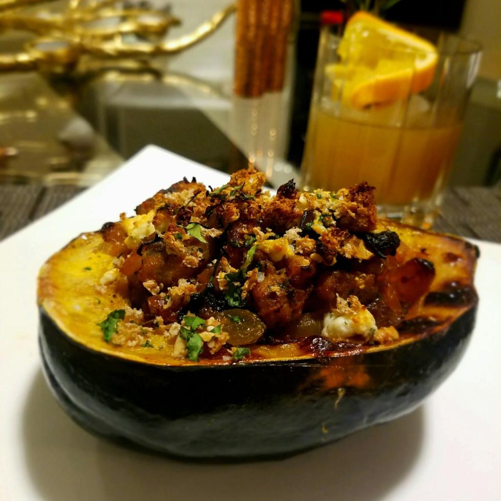 SAUSAGE, SPINACH, HERBED GOAT CHEESE AND GOLDEN RAISIN STUFFED ACORN SQUASH (+ BOURBON COCKTAIL)