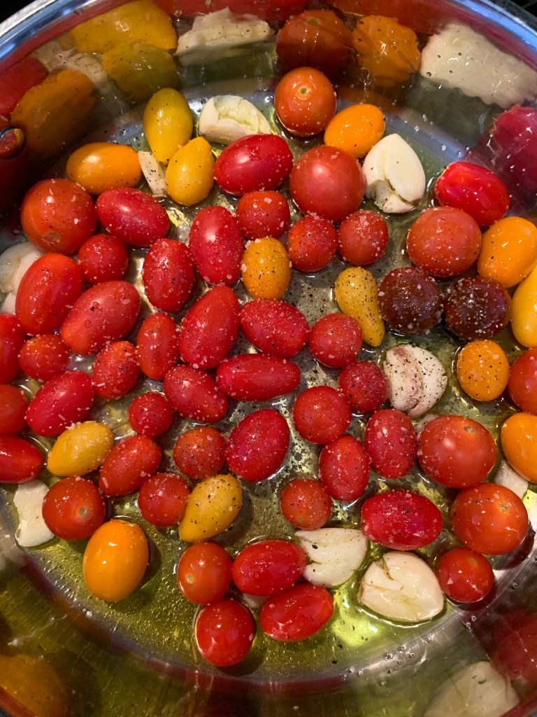 cherry tomatoes, garlic, evoo